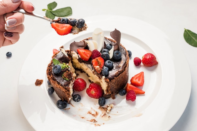 Dégustation du concept de recette de dessert au gâteau au chocolat sucré. nourriture de restaurant. délicieuses pâtisseries. produits de confiserie.