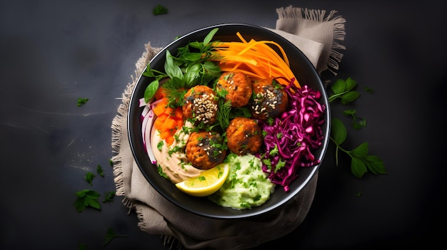 Déjeuner nourrissant à base de plantes Bol de falafel coloré débordant d'ingrédients frais