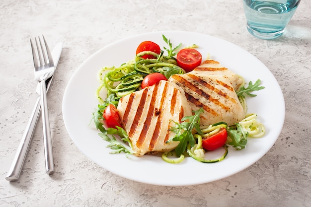 Déjeuner régime paléo cétogène. fromage halloumi, courgettes en spirale avec pesto de roquette et tomates