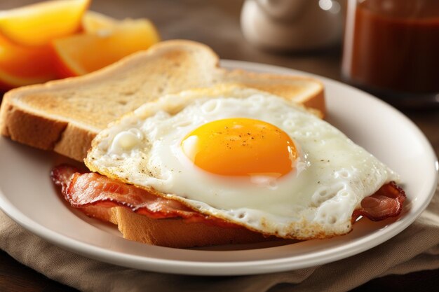 Déjeuner savoureux œufs frits avec bacon frit et pain grillé dans une assiette sur une table en bois