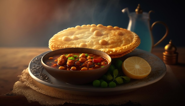 Délectable Chole Bhature Un plat indien salé avec de la vapeur s'élevant sur un fond sombre