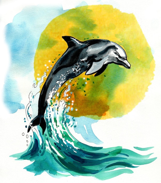 Delfin sautant Dessin à la main à l'encre et à l'aquarelle