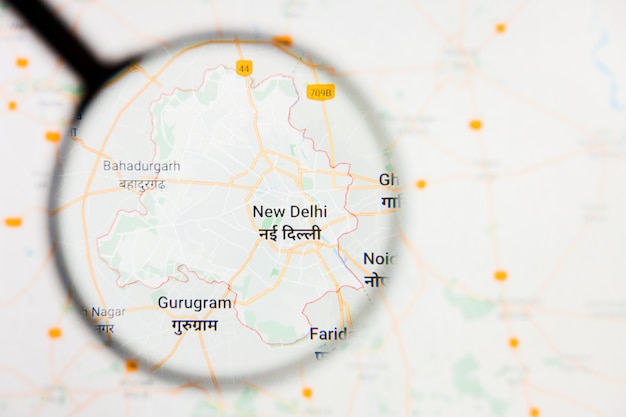 Delhi, Inde concept illustratif de visualisation de la ville sur l'écran d'affichage à travers la loupe