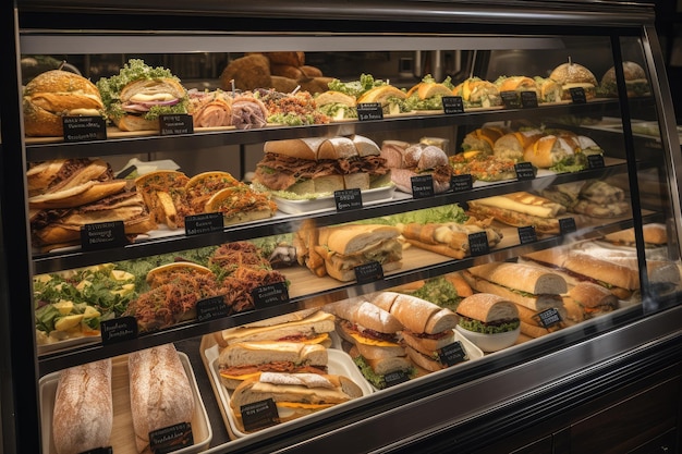 Deli ou café avec une variété de sandwichs et de wraps affichés dans une vitrine