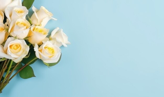 Délicat bouquet de roses blanches et jaunes sur fond bleu tendre AI Generative