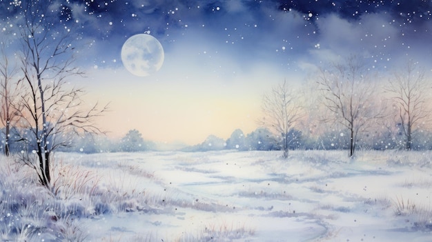 Délicat clair de lune aquarelle illuminant une prairie enneigée tranquille avec de subtiles lumières de Noël générées par l'IA