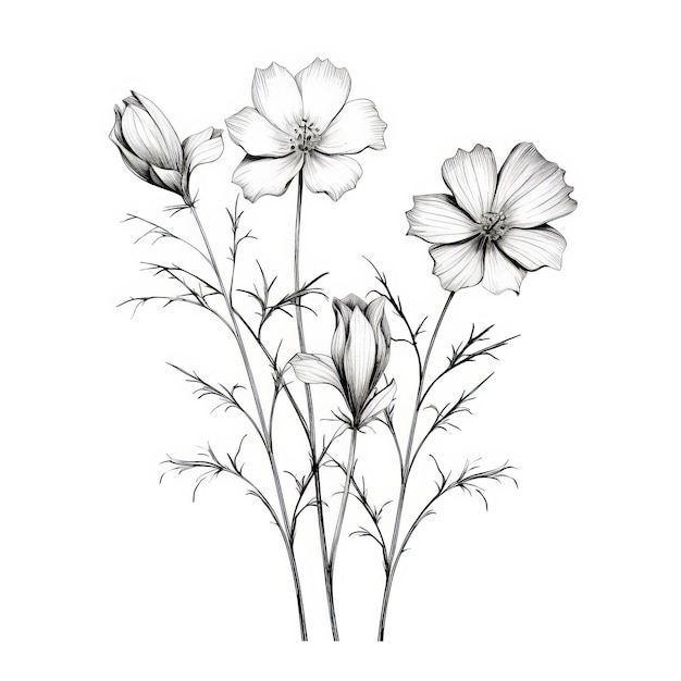 Un délicat dessin de fleurs cosmiques en noir et blanc