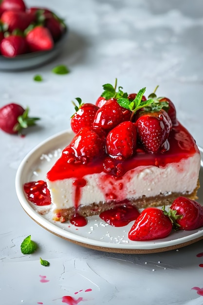 Un délicat gâteau au fromage aux fraises au printemps avec une somptueuse sauce aux fraises