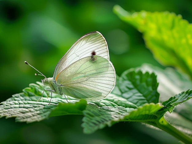 Délicat papillon blanc reposant sur des feuilles vertes vibrantes dans un environnement naturel avec un fond doux
