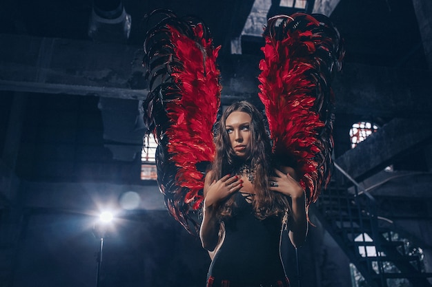 Délicate belle femme brune posant avec des ailes d'ange sombre rouge. Tourné en studio.