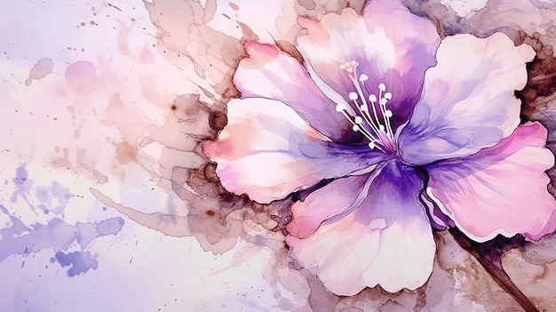 Délicate fleur aquarelle dessinée à la main en rose et violet AI générative