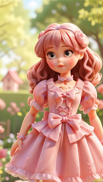 Une délicate poupée rose avec une robe en dentelle et un nœud dans les cheveux, debout dans un jardin ensoleillé