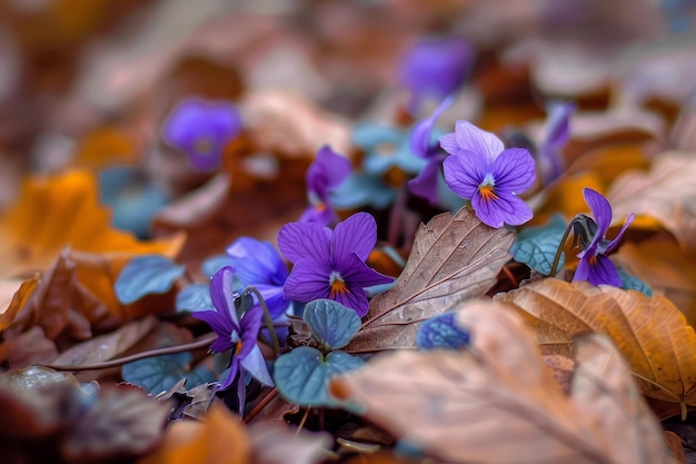 Une délicate surprise Les violettes sauvages émergent timidement d'une couverture de dernières feuilles d'automne