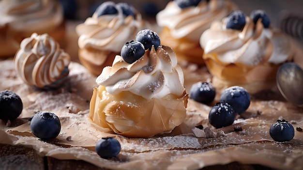 Délicatesse de crème fraîche avec des bleuets sur une table rustique Parfait pour la boulangerie Delicious desserts Closeup Sucreries maison AI