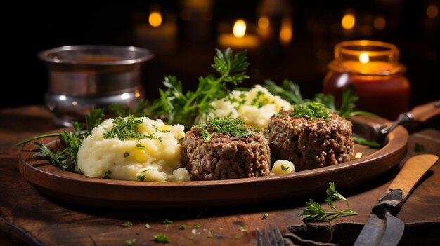 La délicatesse écossaise festive Haggis Neeps et Tatties exposée dans une photographie alimentaire vibrante