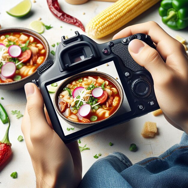 La délicatesse de Pozole une soupe mexicaine dans un plan latéral avec un fond blanc plat