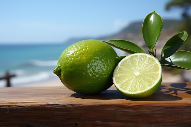 Délice aux agrumes une tranche de citron vert vibrante sur une table en bois en bord de mer