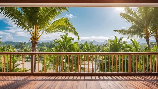 Photo le délice de l'été, le balcon en bois, le patio avec la lumière du soleil et l'arbre de coco, le panorama de l'intérieur de la maison.