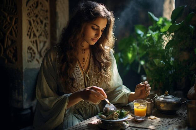 Photo le délice marocain de l'hélénart dégustant du thé à la menthe à une table rustique