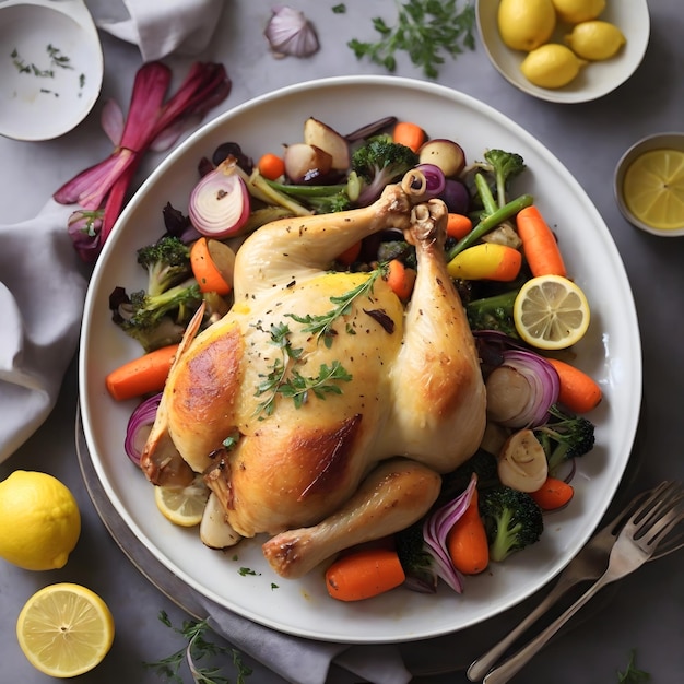 Délice de poulet rôti au citron et aux légumes vibrants