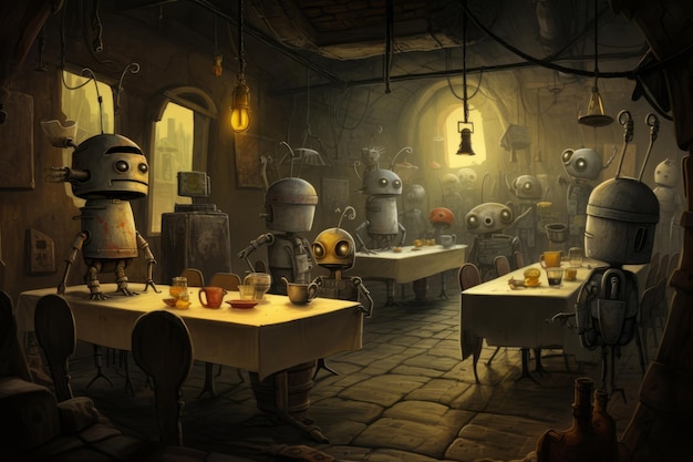 Le délice des robots Une scène de machinarium pittoresque de spaghettisme dans un restaurant