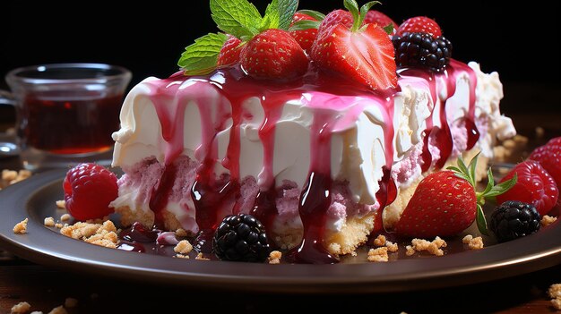 Délice stylisé éclatant de cheesecake aux fraises