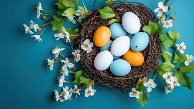 Un délice visuel cette photo enchanteuse présente un panier orné d'œufs de couleurs pastel créant un