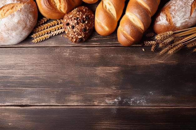 Délices de boulangerie sur une vue de dessus de table en bois clair avec espace de copie créé avec des outils d'IA générative