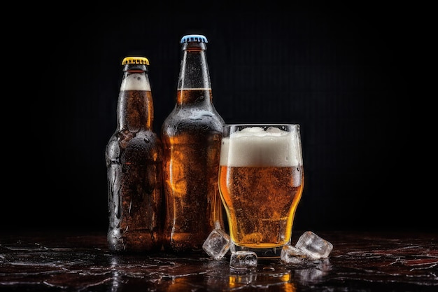 Des délices congelés Des bouteilles de bière en verre pétillant sur une toile sombre et froide