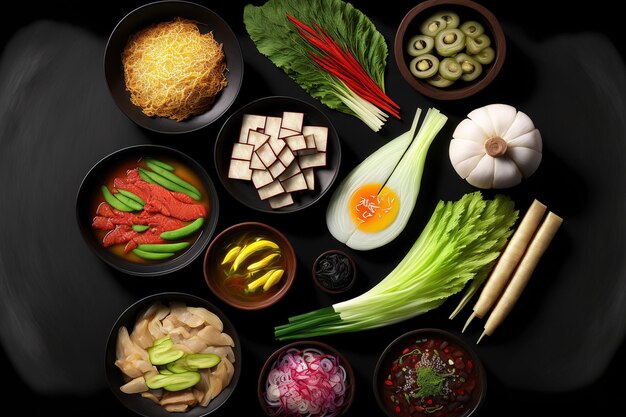 Photo délices coréens traditionnels sur fond noir, y compris les cornichons coréens, les légumes kimchi et les légumes fermentés traditionnels pour les plats d'accompagnement