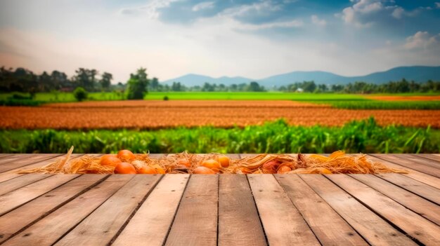 Des délices de la ferme Une table en bois vide avec beaucoup d'espace sur un pittoresque champ de légumes