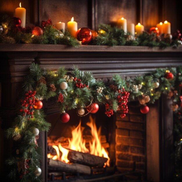 Des délices de fête Un gros plan captivant d'un manteau de cheminée rustique orné d'une guirlande de Noël