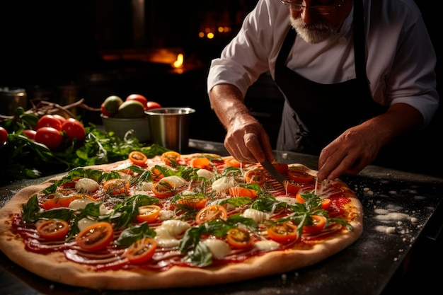 Délices traditionnels Pizzaiolo au travail Créer une pizza napolitaine rustique dans un four à bois