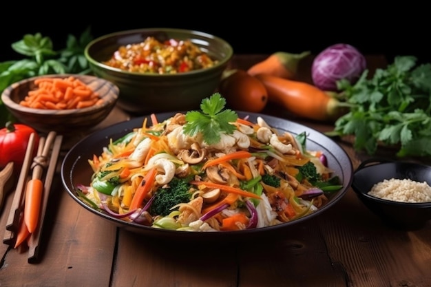 Délicieuse assiette de cuisine asiatique épicée avec une variété d'ingrédients frais créés avec ai générative
