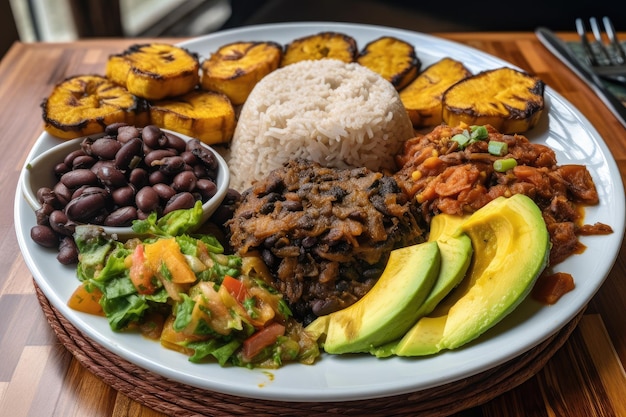 Délicieuse assiette de cuisine colombienne avec des haricots de riz et des bananes plantains