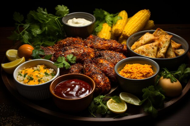 Une délicieuse assiette de maïs de riz de poulet et de sauces savoureuses Une assiette de nourriture qui comprend du maïs de riz de poulet et des sauces