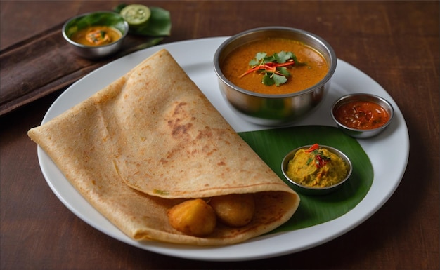 Une délicieuse assiette de masala dosa avec une crêpe de riz mince et croustillante remplie d'une pomme de terre savoureuse