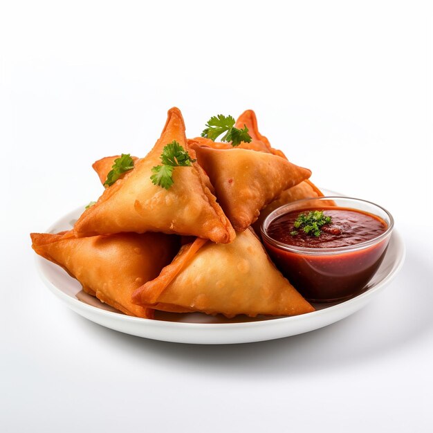 Une délicieuse assiette de samosa avec du chutney isolé sur fond blanc