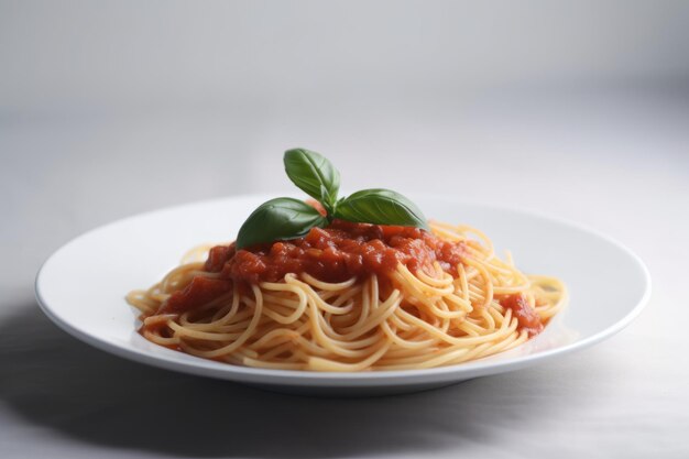 Photo une délicieuse assiette de spaghettis avec de la sauce tomate et des feuilles de basilic sur fond blanc