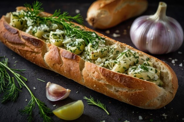 Une délicieuse baguette avec de l'ail et de l'aneth.