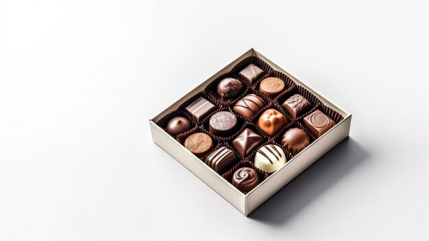 Une délicieuse boîte de chocolats élégamment placée sur un fond blanc immaculé