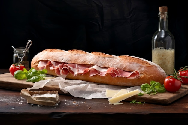 Une délicieuse composition alimentaire avec une baguette rustique remplie de jambon et de fromage sur un fond en bois