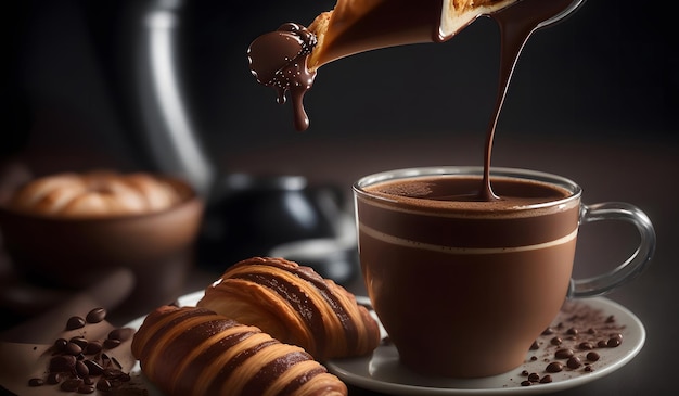 Délicieuse crème au chocolat avec croissant Generative AI