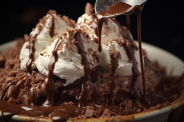 Une délicieuse crème au chocolat avec des morceaux de pudding de fond.