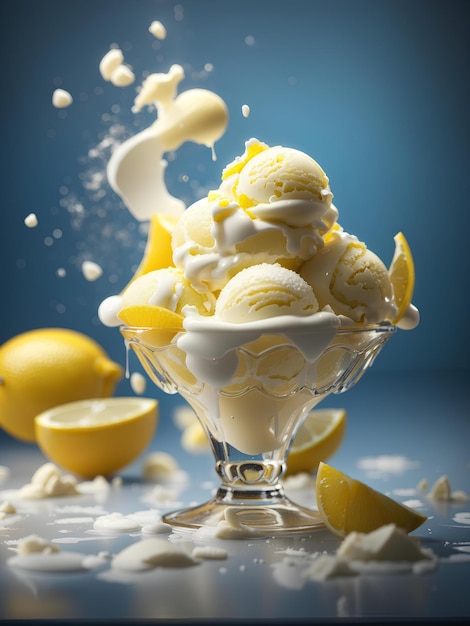 Une délicieuse crème glacée au citron flottante une glace rafraîchissante riche en vitamine C photogrammes publicitaires cinématographiques