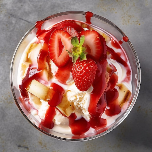 Une délicieuse crème glacée aux fraises isolée sur un fond sombre