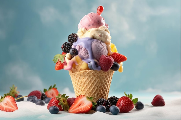 Délicieuse crème glacée avec des baies dans un cône de gaufres sur fond bleu