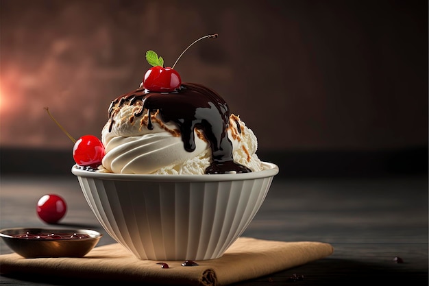 délicieuse crème glacée dans un bol avec de la crème fouettée sucrée et une cerise sur le dessus avec un coulis de chocolat