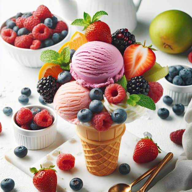 Photo une délicieuse crème glacée dans un cône de vanille sur un fond blanc la crème glace est décorée de fruits et de baies frais