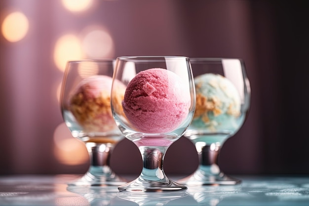 Délicieuse crème glacée dans des verres sur la table contre des lumières floues gros plan été présentation du produit IA générative